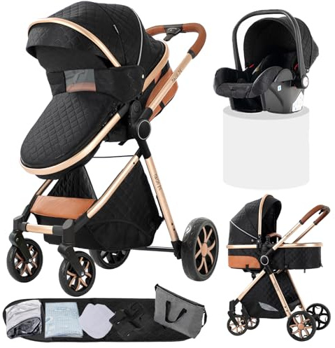 Kombikinderwagen 3-in-1, bidirektional mit Babywanne, verstellbar 105-180°, leicht zusammenklappbar, 4 Räder (YV9-BLACKGOLD)
