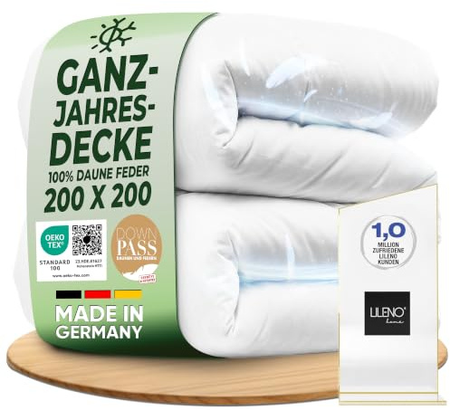 LILENO HOME Daunendecke 200x200 cm mit Federn [1er Pack] | Ganzjahres Bettdecke 200x200 cm für einen erholsamen Schlaf - waschbar bis 60 C - Allergiker Steppdecke - medium Decke