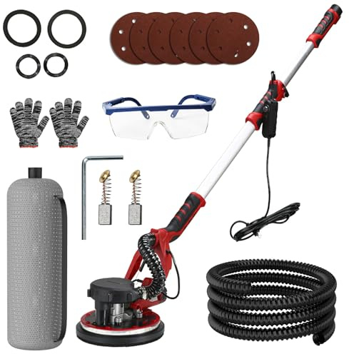 Ponceuse Girafe,800w ponceuse placo avec aspirateur,Ponceuse Mur et Plafond Tuyau d'Aspiration pour Plaques Plâtre,225MM Disques meulage,Éclairage LED et Manche Télescopique (Rouge)