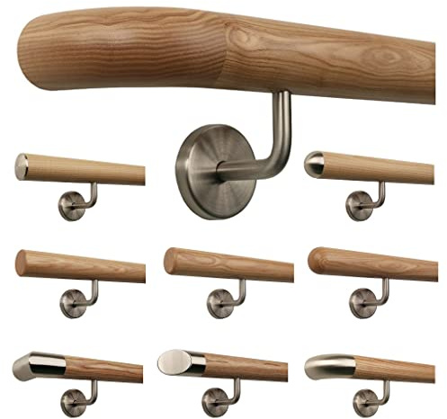 TIBU Esche Holz Handlauf Geländer 0,3m - 6m, Länge 260 cm, Ende Holzkrümmling und 4 gewinkelte Halter