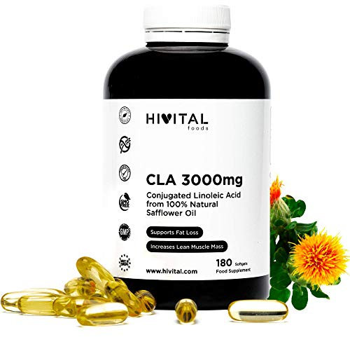 CLA Acide Linoléique Conjugué 3000 mg par dose. 180 perles à base d'Huile Végétale de Carthame 100% Naturelle pour 2 mois de traitement. Fabriqué en Europe par HIVITAL