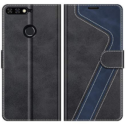 MOBESV Hülle für Huawei Y7 2018 Handyhülle, Lederhülle mit Kartenfach, Klapphülle mit Ständer, Flip Case Handytasche Schutzhülle, Modisch Schwarz