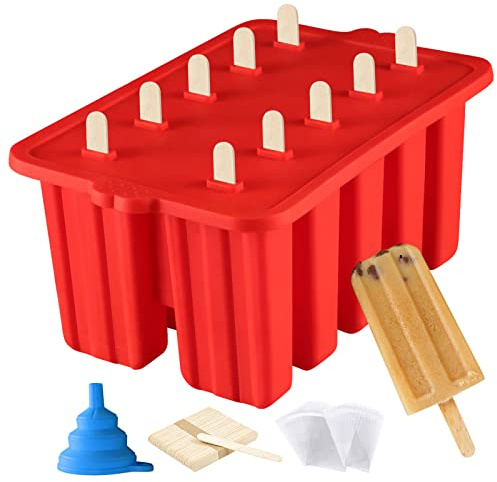 Popsicle Molds Shape Maker,10pcs Homemade ICE Pop Molds Shapes Food Grade Silicone BPA-Free, with 50 Popsicle Sticks 50 Popsicle Bags Silicone Funnel,Cleaning Brush(Red)