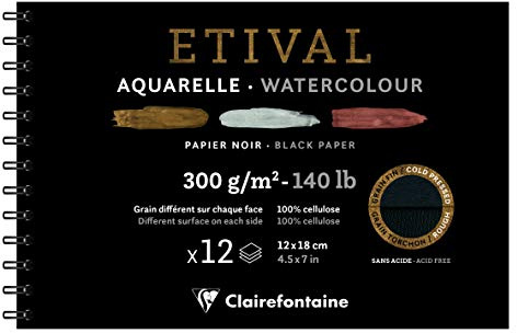 Clairefontaine - Ref 975325C - Etival Cold Pressed Black Watercolour Painting & Drawing Wirebound Pad (12 Sheets of Paper) - 12 x 18cm - 300gsm Cellulose Art Paper