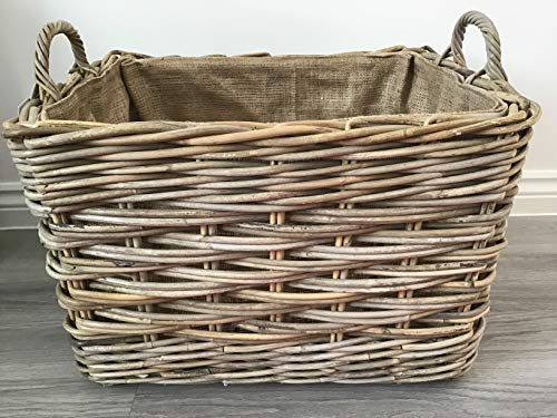 Rectangle Log/Storage Basket, Hessian Lined, Excellent Quality, Very Strong Kuba Rattan (Large)