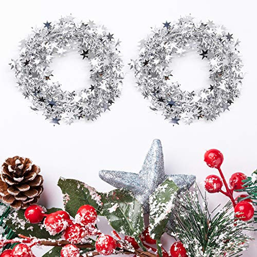 AUEAR, 2 Rollen Weihnachtsgirlande Sternengirlande Weihnachtsstern Lametta Girlanden Stern Draht Girlanden Weihnachtsbaum Party Dekoration Festliche Ornament 7,6 m x 2 (Silber)