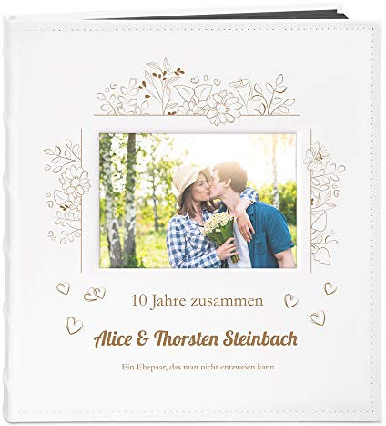 Maverton Fotoalbum zum Selbstgestalten mit Bildausschnitt & Gravur zum Jubiläum - Fotobuch zum Einkleben - 240 Fotos im Format 10x15-60 schwarze Seiten - Größe 33x30cm - Weiß - Hochzeitsgeschenk