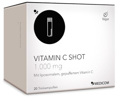 Medicom - Vitamin C Shot 1000 mg, Liposomales Vitamin C, 20 Shots, Vegan | Vitamin C 1000 mg,Liposomal,Gepuffert,Immunsystem,Zellschutz,Kollagenbildung,Hohe Bioverfügbarkeit,Glutenfrei,Laktosefrei