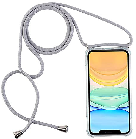 PuYu Zhe Crossbody Case Compatible for iPhone 11 Pro Max,Necklace Phone Cover,Clear Transparent TPU Silicone Shell with Adjustable Neck Cord Lanyard Strap-Gray