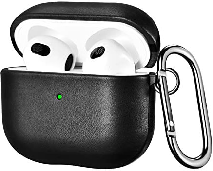Ledertasche für AirPods 3 2021 Hülle, ICARER Echt Leder Tasche Stoßfeste Schutzhülle Slim Lightweight Echtleder Leder Case mit Karabiner für Apple AirPods 3 2021 Case LED Sichtbar (Schwarz)