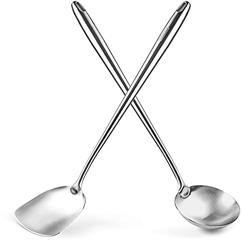 YOSUKATA 17/43.5 cm Wok Spatula and Ladle - Set of 2 Heat-Resistant Wok Tools - Universal Wok Ladle and Spatula - High-Grade Stainless Steel Cooking Utensils and Wok Accessories - Solid Wok Utensils