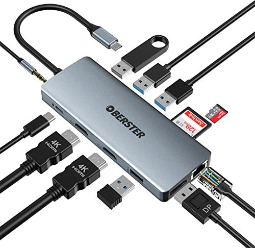 OBERSTER USB C Hub 12 in 1 Dockingstation, USB C auf 2 HDMI 4K, DP, RJ45 Gigabit Ethernet, USB-C PD 100W Adapter, für MacBook Pro und Andere USB-C-Typ Geräte