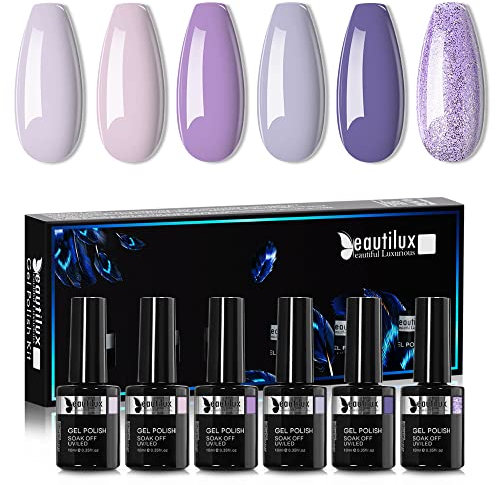 Beautilux UV Nagellack Lila, 6 Farben 10ml Soak Off Gel Nagellack Set für Home-Maniküre Nail Art Maniküre (Hellviolett Serie)