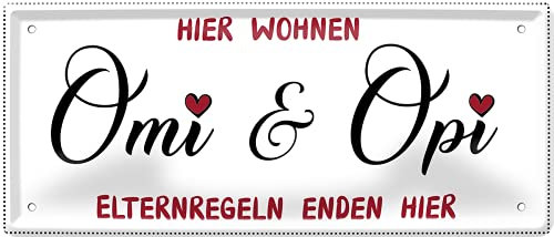 schilderkreis24 – Blechschild Lustiger Spruch “Hier wohnen Omi & Opi Elternregeln.“ Pension Geschenkidee Geschenk Geburtstag Weihnachten für Großeltern Rentner Senioren Oma Opa Enkelkinder 28x12 cm