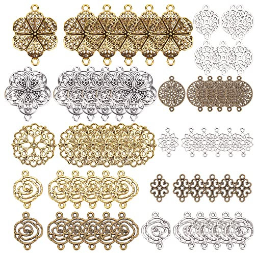 SUNNYCLUE 1 Box 60 Stück 10 Stile 4 Farben Blumenverbinder Charm Hohllegierung Flache Runde Filigrane Blumenglieder Vintage Rosenanhänger Für Die Schmuckherstellung Charms DIY Armbänder Ohrringe