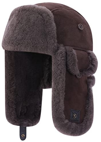 Harssidanzar Lammfell Shearling Wintermütze für Herren und Damen Echtes Leder Trappermütze Fliegermütze Aviatormütze Hut mit Ohrenklappen CU603EU, Braun, Größe S