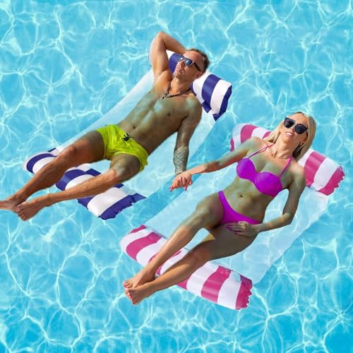 Yifmoo 2 hamacas hinchables 4 en 1, 128 x 70 cm, hamaca para piscina con bomba de aire, hamaca de agua para adultos y niños (azul oscuro y rosa)