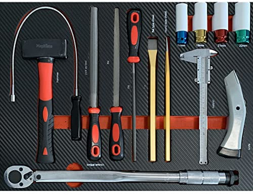 Mephisto Werkzeugeinlage Werkzeug Set Pro Line Werkstattwageneinlage inkl. Drehmomentschlüssel, Felgennüsse, magnetischer Greife Meisel und Metallfeilen-Set in einem Soft Inlay in Carbonoptik