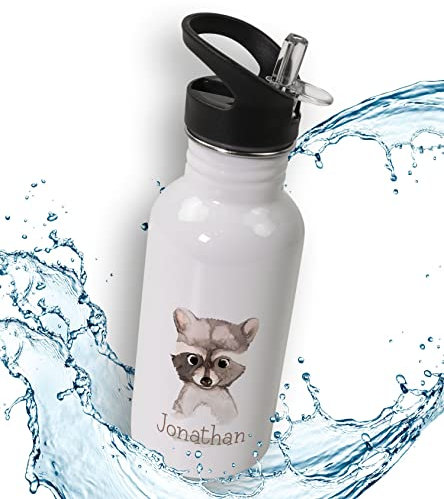 timalo® Trinkflasche für Kinder personalisiert mit Namen | auslaufsichere Edelstahl Sportflasche Kindergarten mit Tieren Geschenk für Jungen und Mädchen 400mL | 08-Waschbär