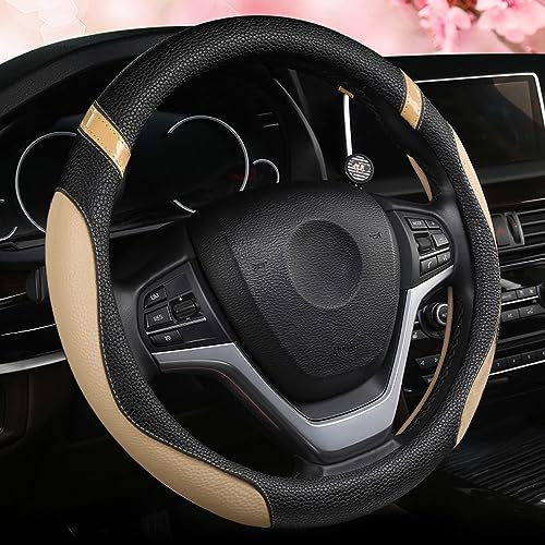 Lenkradbezug für Auto, Leder, Universal-Lenkradbezüge für Damen und Herren, passend für Autos, SUVs, LKWs, Pickups, 38,1 cm Durchmesser, Beige