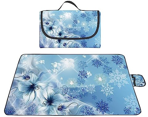 Picknickdecke 200x300cm,XXL Picknickdecke mit Wasserdichter Unterseite,Outdoor Stranddecke Sandfrei,mit Tragegriff Faltbare Picnic Blanket für Camping,Strand,Familie,Konzerte Blaue Lilie Schneeflocke
