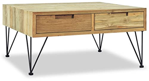 Makastle Couchtisch Wohnzimmertisch 80 x 80 x 40 cm Retro Beistelltisch Sofatisch für Wohnzimmer, Kaffeetisch mit 2 Schubladen, Teak Massiv