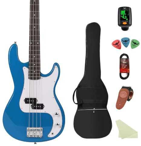 Kit de bajo eléctrico de 4 cuerdas, tamaño completo, estilo PB, color negro, para principiantes, con bolsa de concierto, correa de guitarra y cable de guitarra, MS-FD (azul)