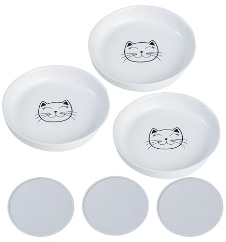 Lusifaco Ceramic Cat Food Bowls, Wide Shallow Anti Whisker Fatigue(3 Pack) | 15 cm Cat Dishes Set for Indoor Kitten, Plates for Food and Water with Non-Slip Silicone Mat