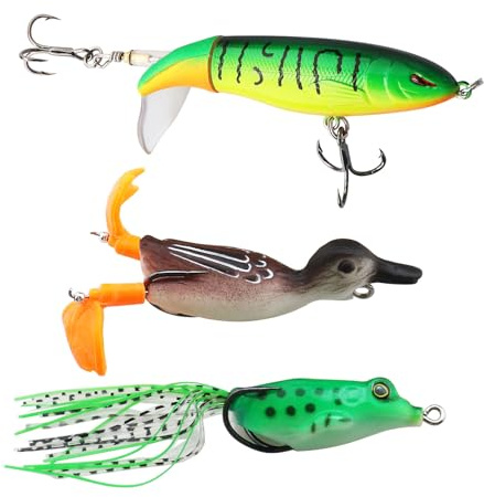 3er Topwater-Set, inkl. 3D-Ente & Froschköder mit Haken für Süß- und Salzwasser Barsch Hecht Schlangenkopf Dornhai Lachs