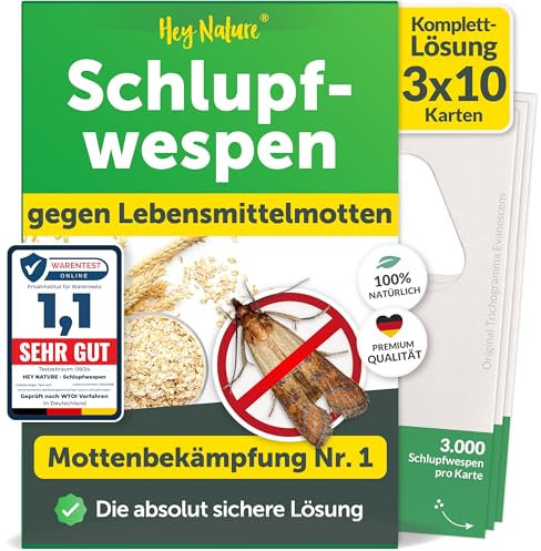 Hey Nature® Schlupfwespen gegen Lebensmittelmotten, 30 Karten (10 Karten à 3 Lieferungen). Effektiv Lebensmittelmotten bekämpfen mit Schlupfwespen gegen Motten alternativ zu Mottenkugeln, Mottenspray