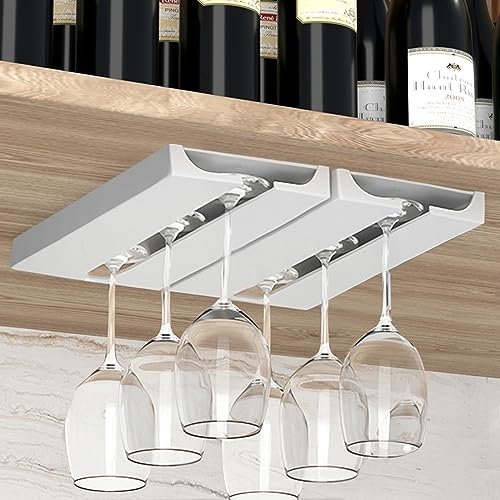 Vaisoeny Wine Glass Rack, Wine Glass Holder Under Cabinet - Under Cabinet Stemware Wine Glass Holder Glasses Storage Hanger plastic Organizer for Bar Punch-free Self-adhesive 2Pack(White)