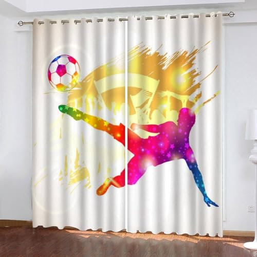 MEVASA Gardinen Fußball Verdunklungsvorhänge Wohnzimmer Schlafzimmer Kinderzimmer Mädchen Jungen 3D Polyester Weiß Fußball Vorhänge Ösen 150 x 166 BxH