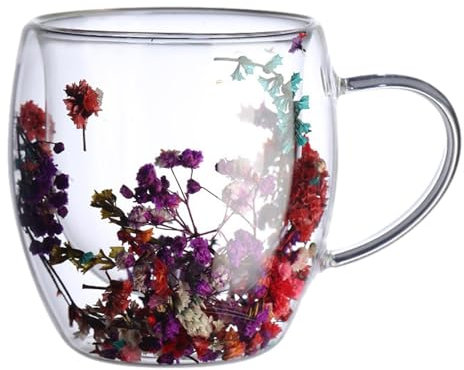 Tazza in vetro doppia parete con fiori secchi, 350 ml, bicchieri doppia parete, bicchieri termici doppia parete, bicchieri da caffè trasparenti floreali per succo