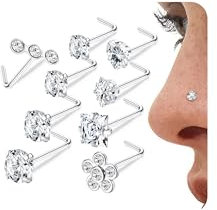 LOLIAS Lot 9 Bouchons Piercing Nez argentés 20G Forme L à vis pour Piercing Narine Bouchons Piercing Nez dorés Acier Chirurgical 316L CZ Ensemble Bijoux pour Hommes Femmes