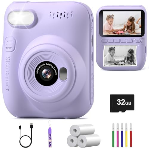 Appareil Photo Enfant Instantané,Hangrui 3,0 Pouces Écran 1080P Appareil Photo Numérique Enfant avec 32GB Carte & Papier d'impression, Stylos Colorés, Cadeau Jouet Filles Garçons de 3 à 12 Ans-Violet