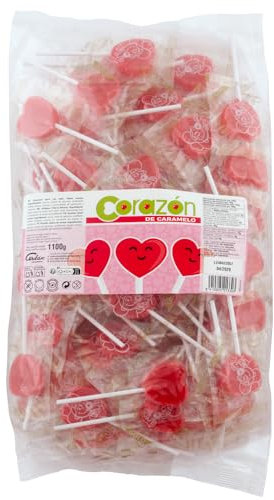 Caramelos Cerdán - Piruletas Corazón Serie Oro Sabor Cereza | Bolsa de 100 Uds | Caramelo Duro con Palo Sin Gluten ni Alérgenos | Ideal para Fiestas, San Valentín y Cumpleaños