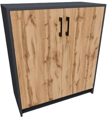 MATKAM Kommode 2-türig H B T 85 x 74 x 35 cm EIN Innenregal aus Holzwerkstoff Griffe in satinierter Metall-Optik Scharniere aus Metall (Grau-Wotan Eiche)