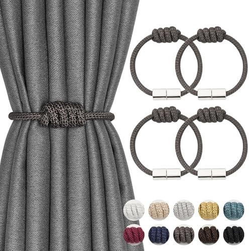 Pretty Jolly 4 Pack Mini Magnetic Curtain Tiebacks Modern Simple Style Drape Tie Backs Elegant Hand Weave Rope Knot Decorative Curtain Holdbacks for Home & Office Window Drapery (Dark Grey)