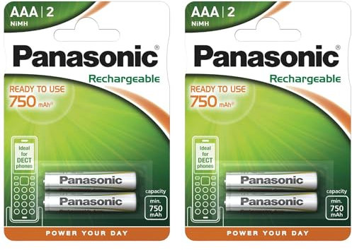PANASONIC - Lote de 2 blísteres de 2 pilas recargables AAA NiMH HR03 750 mAh Ready to Use – 1,2 V