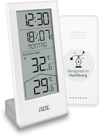 ADE Stazione meteo digitale con sensore esterno | termometro per temperatura interna ed esterna | orologio e calendario radiocontrollato con giorno della settimana | batterie incluse | bianco