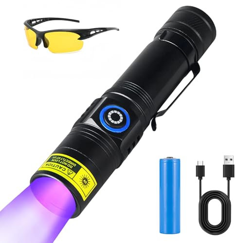 BORDEAG Linterna UV, linterna LED recargable, linterna LED USB recargable para curar resina, uñas, detectores de orina, con gafas UV