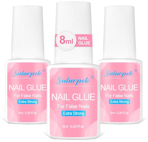 Sularpek Colle Faux Ongles, 3 Pièces Colle Ongle, 8 ML Colle Faux Ongles Extra Forte, Colle Capsule Ongle avec Pinceau, Professionnelle Colle Ongle, pour Ongles Parfaite pour Les Faux Ongles Nail Art