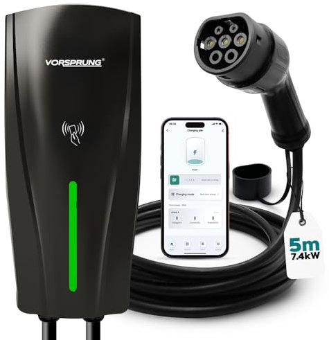 VORSPRUNG® Cargador Alpha Smart EV de 7 kW | Tipo 2 atado | Caja de pared monofásica | Estación de carga de coche EV para el hogar | IP65, cable de 5 m, alimentación ajustable, aplicación inteligente,