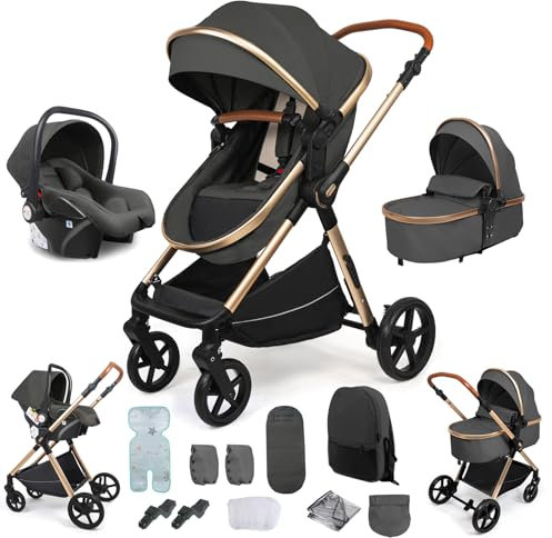 Reenborn Kinderwagen 3 in 1, Buggy mit Zwei Umkehrbaren Schiebemodi, Kinderwagen mit Rahmen Aluminiumlegierung, Kombikinderwagen 3 in 1 Komplettset mit Ein-Klick-Faltdesign (H2 Deep Grey)