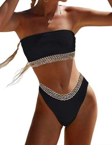 YIMISAN - Maillot de bain deux pièces bandeau côtelé sans bretelles pour femme avec bas échancré et taille mi-haute, Taille M