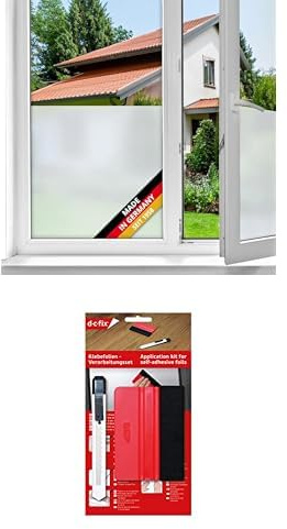 Bundle aus d-c-fix Fensterfolie Opal Milchglas selbstklebend 90 cm x 2,1 m - Milchglasfolie blickdichte Sichtschutzfolie & Verarbeitungsset mit Rakel und Schneidemesser