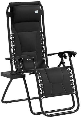 Outsunny Zero Gravity Lounger Chair, Folding Reclining Patio Chair with Padded Seat, Cup Holder, Soft Cushion and Headrest for Poolside, Camping, Black
