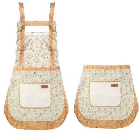 Mumjooyi Küchenschürze 2er Set Küchenschürze Damen mit Taschen Eine Lange und Eine Kurze Verstellbare Küchen Schürze Blumenschürzen für Damen Küche Restaurant Café (Grüne Blumen)