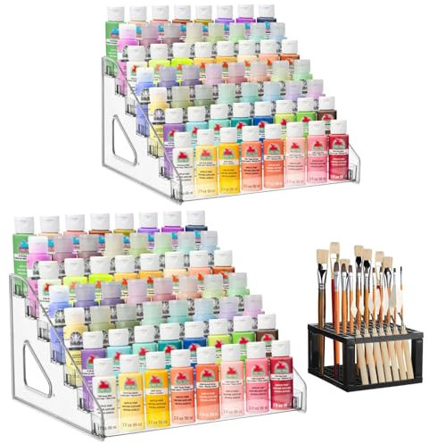 YEXEXINM Lot de 2 organiseurs de peinture acrylique avec support de pinceau, 7 couches de peinture transparente, support de rangement pour loisirs créatifs, modèles miniatures, flacons de pigments