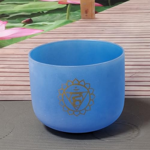 Cuenco de cristal de cuarzo con diseño de chakra de color azul esmerilado, 432 Hz, tono perfecto G, garganta, chakra, 20 cm